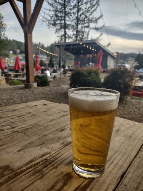 A beer sits on a table at Homeplace Beer Company in Burnsville, NC