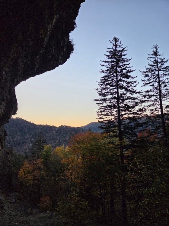 Sunrise at Mt LeConte viewed from Alum Cave Bluff in the Great Smoky Mountains National Park.