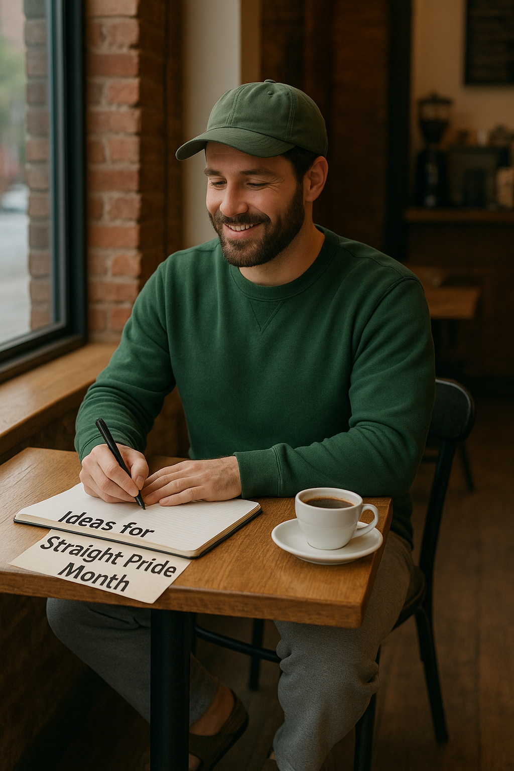 A man in a green sweatshirt, green hat, grey pants, and Birkenstocks writes in a notebook at a coffee shop, representing a humorous take on “wholesome masculinity.”