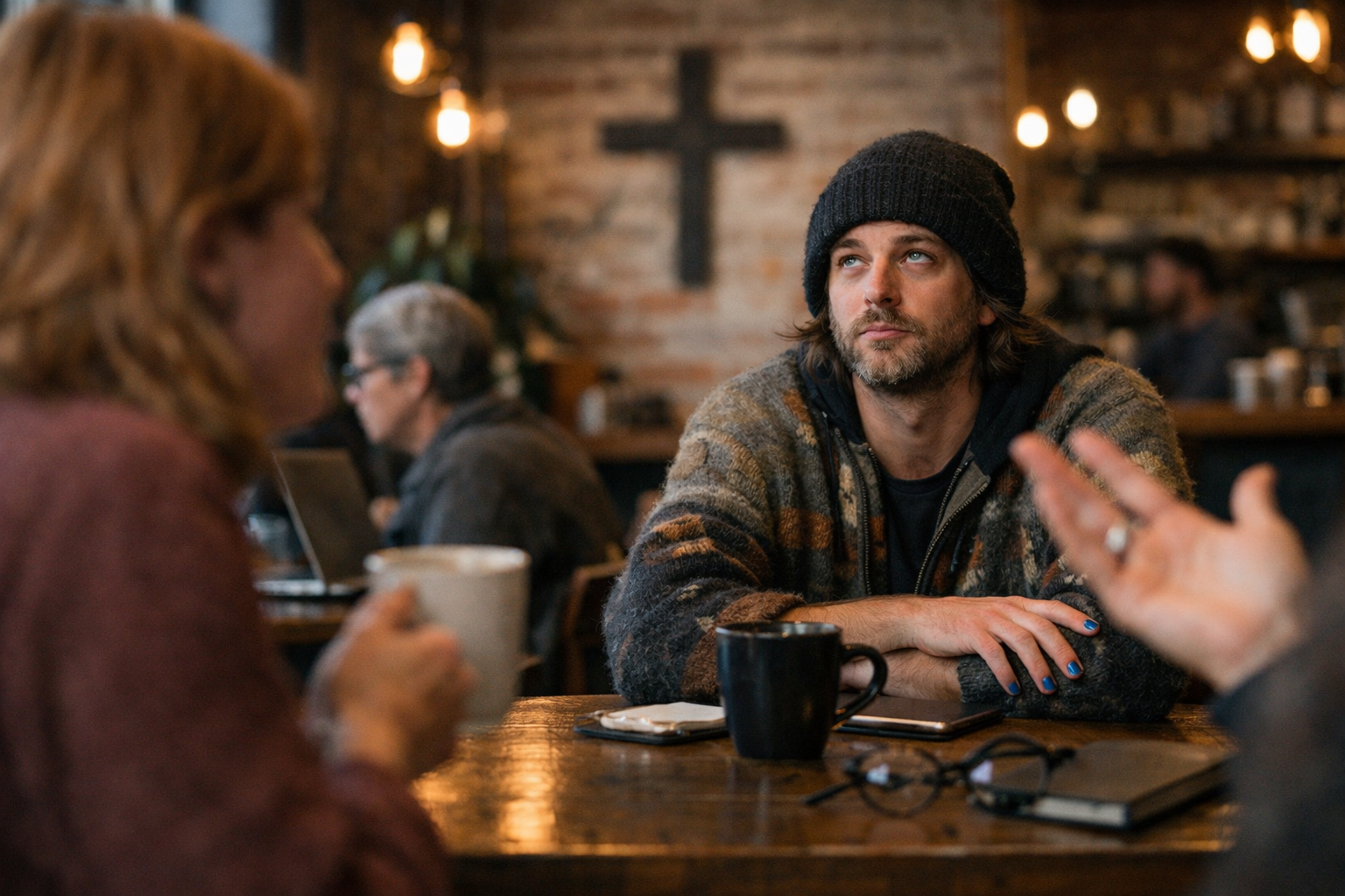 Man with scruffy beard, beanie, and frayed sweater sits at a coffee shop table, nails painted blue, looking unimpressed, with a coffee cup in front of him and blurred patrons in the background.