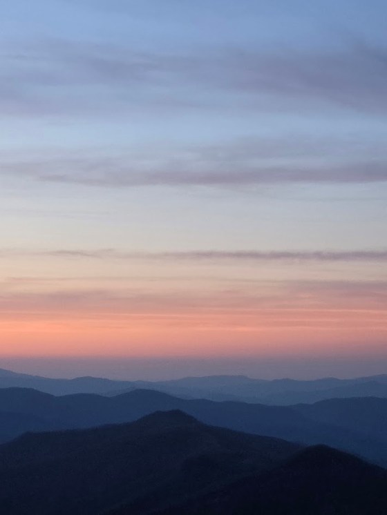 A view of the Blue Ridge Mountains from Sam's Knob at sunset.